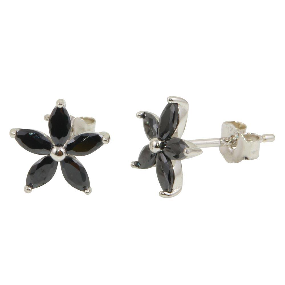 Rhodium Plated 925 Sterling Silver Black Five Petal Flower Earrings - STE01094