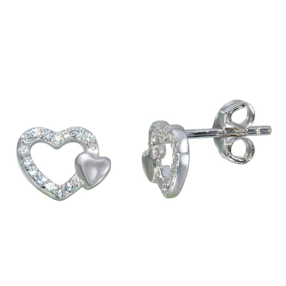 Rhodium Plated 925 Sterling Silver Open Mini Heart Earrings with CZ - STE01113