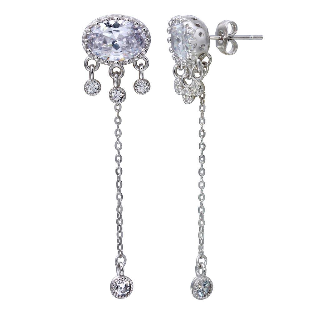 Rhodium Plated 925 Sterling Silver 1 Chain Drop Earring with CZ - STE01119