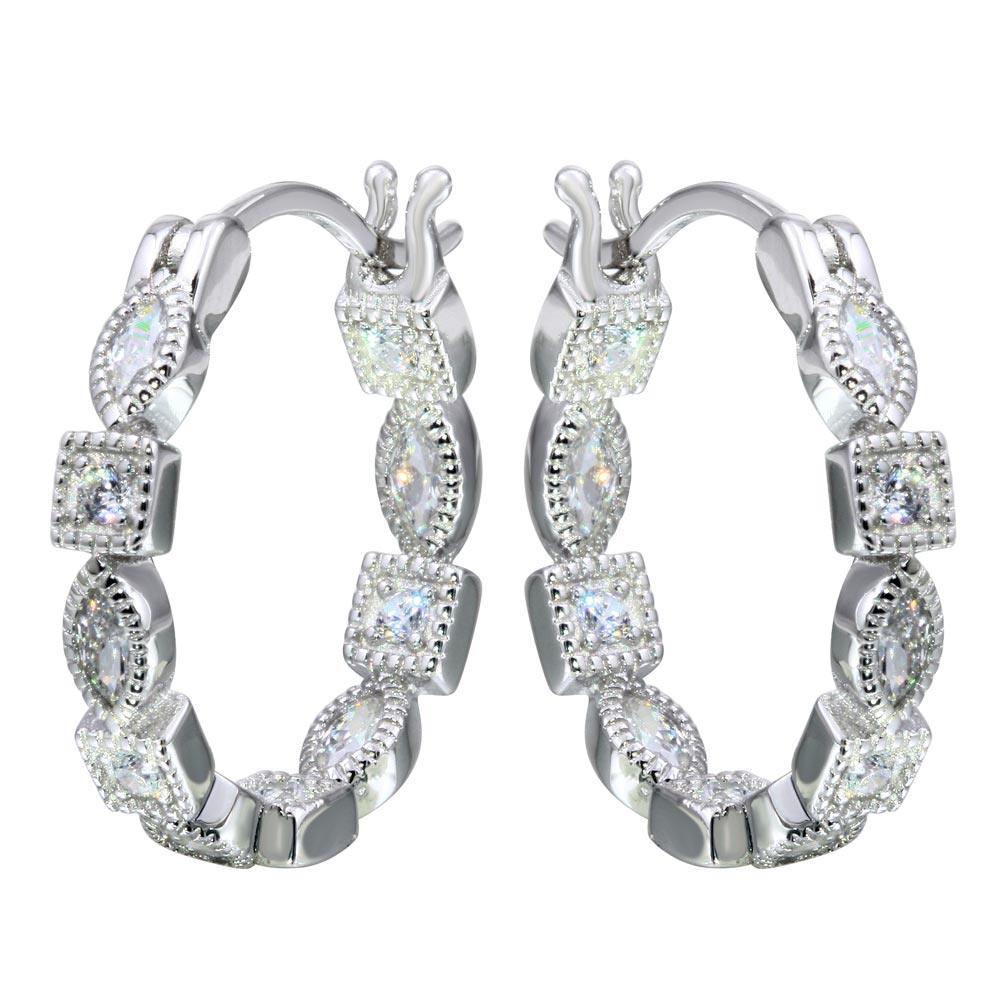 Rhodium Plated 925 Sterling Silver Inner and Outer Clear CZ Hoop Earrings - STE01122CLR