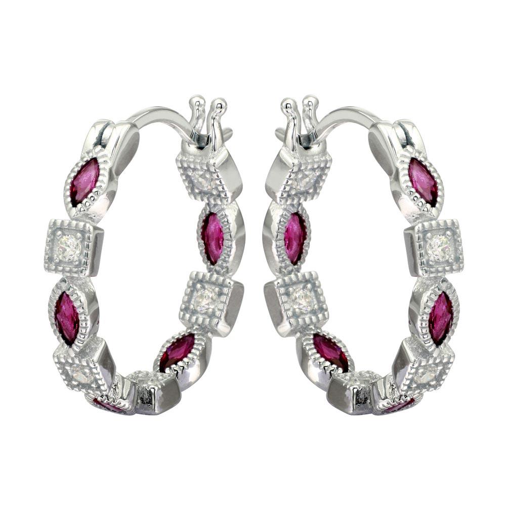 Rhodium Plated 925 Sterling Silver Inner and Outer Red Clear CZ Hoop Earrings - STE01122RED