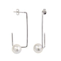 Rhodium Plated 925 Sterling Silver Rectangular Dangling Earrings with Synthetic Pearl - STE01132