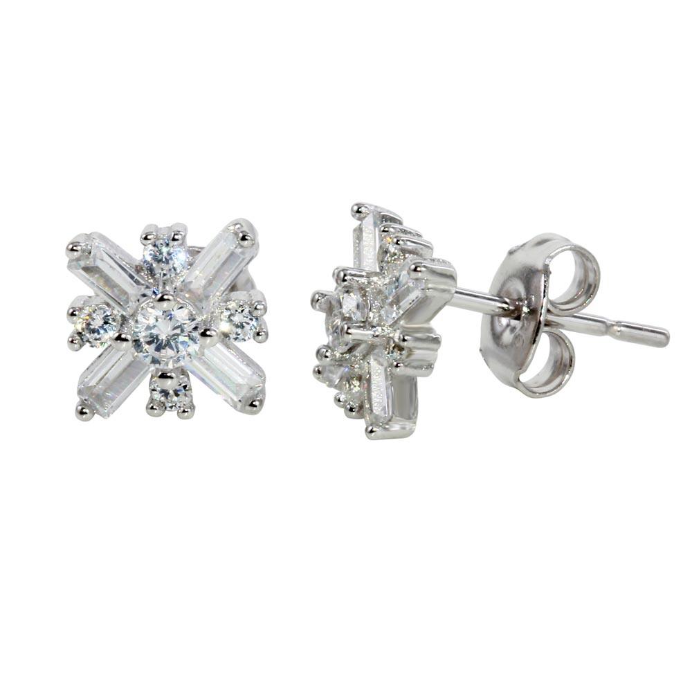 Rhodium Plated 925 Sterling Silver CZ Snow Flakes Earrings - STE01136