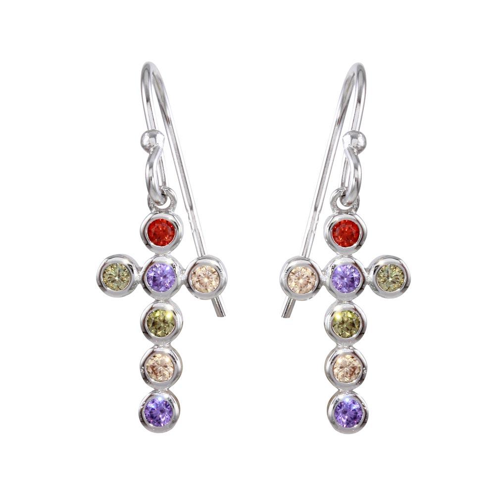 Rhodium Plated 925 Sterling Silver Multi-Colored CZ Cross Earrings - STE01137