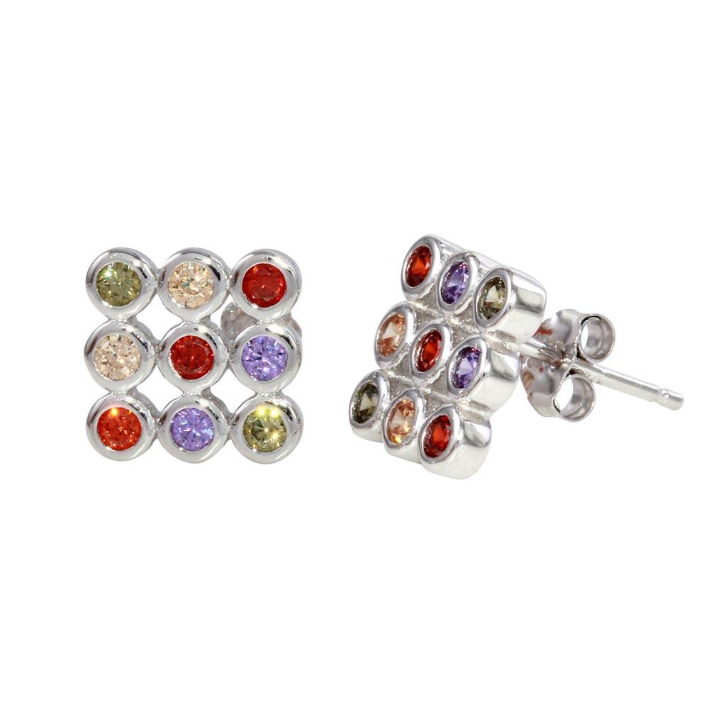 Rhodium Plated 925 Sterling Silver Multi-Colored CZ Square Stud Earrings - STE01138