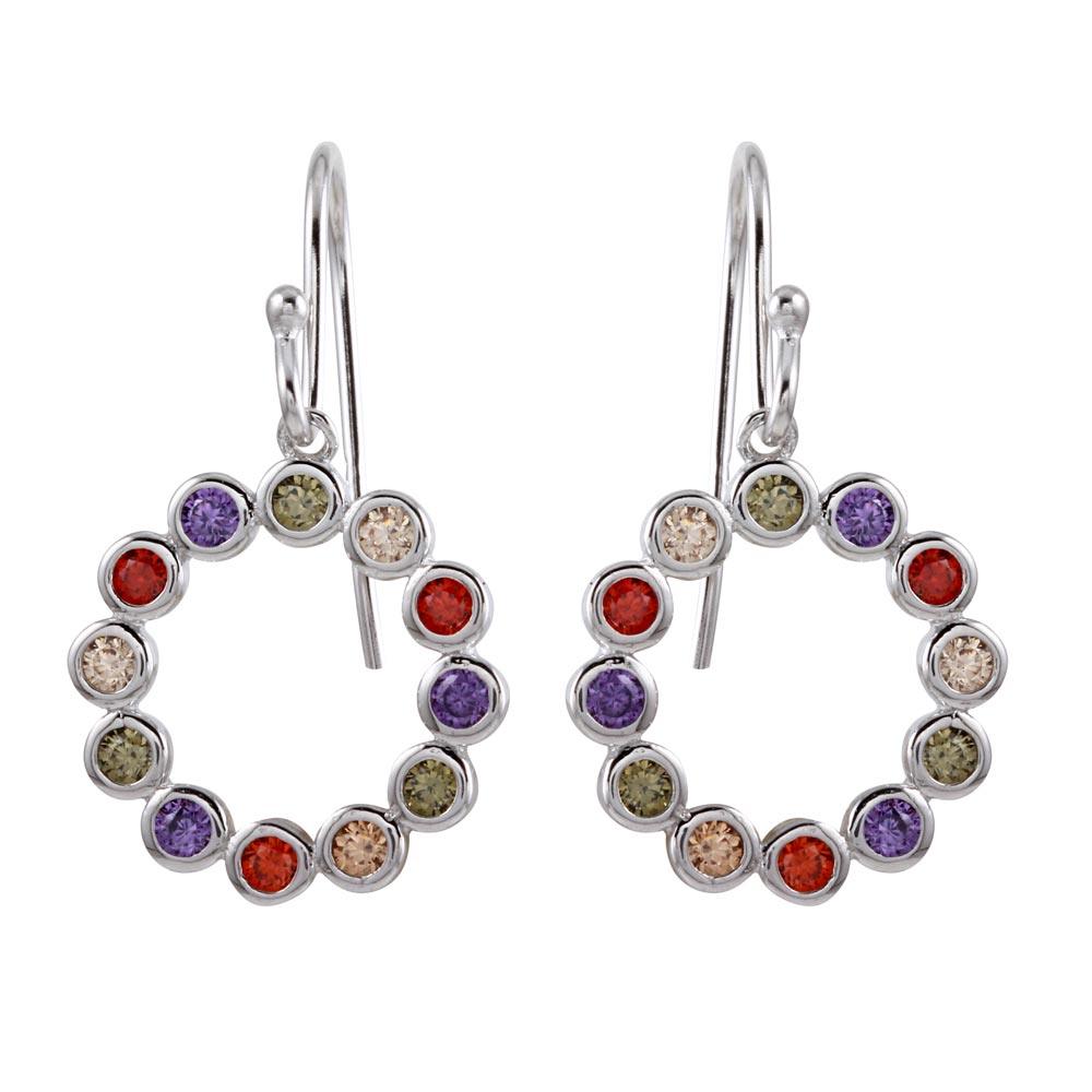 Rhodium Plated 925 Sterling Silver Multi-Colored CZ Open Circle Earrings - STE01140