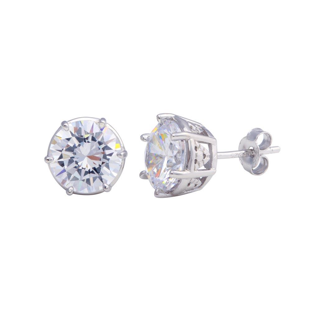 Rhodium Plated 925 Sterling Silver Crown Setting CZ Stud Earrings - STE01145