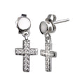 Rhodium Plated 925 Sterling Silver Mini Dangling Cross Earrings - STE01156RH