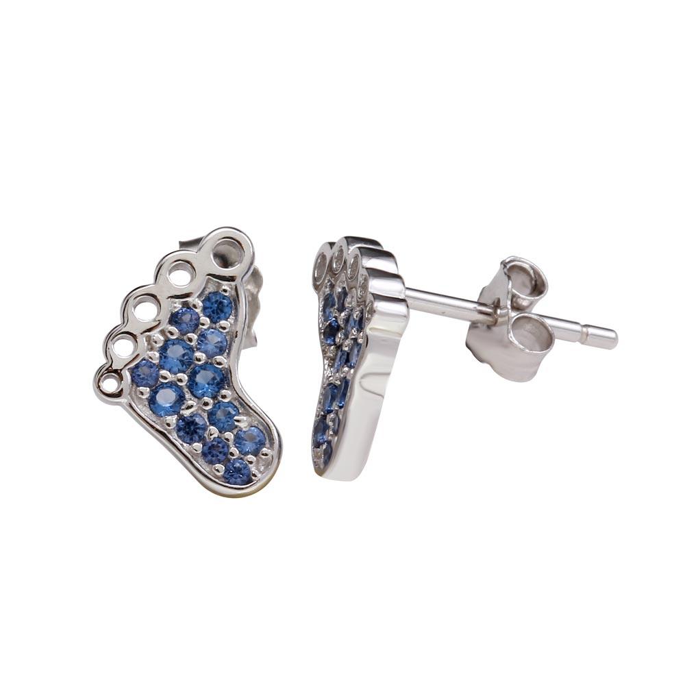 Rhodium Plated 925 Sterling Silver Foot Earrings with Blue CZ - STE01157BLUE