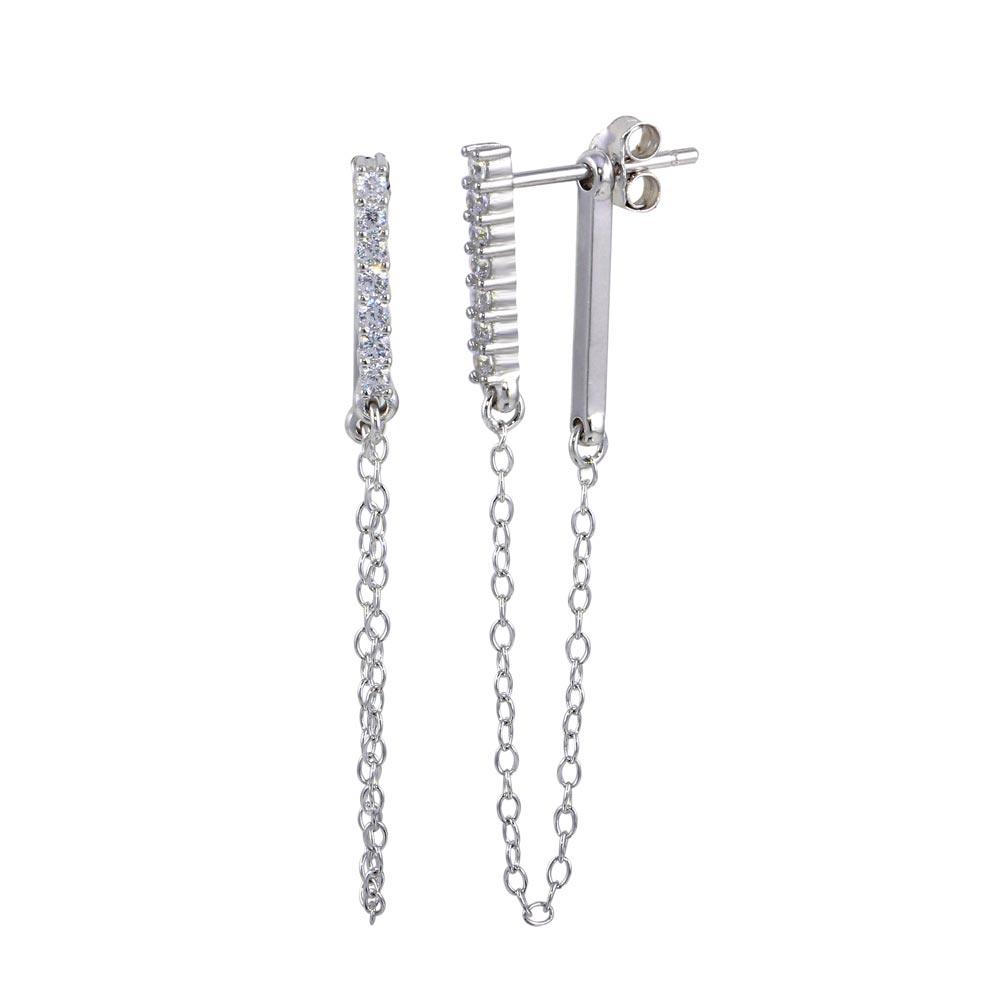 Rhodium Plated 925 Sterling Silver CZ Bar Dangling Chain Earrings - STE01172RH