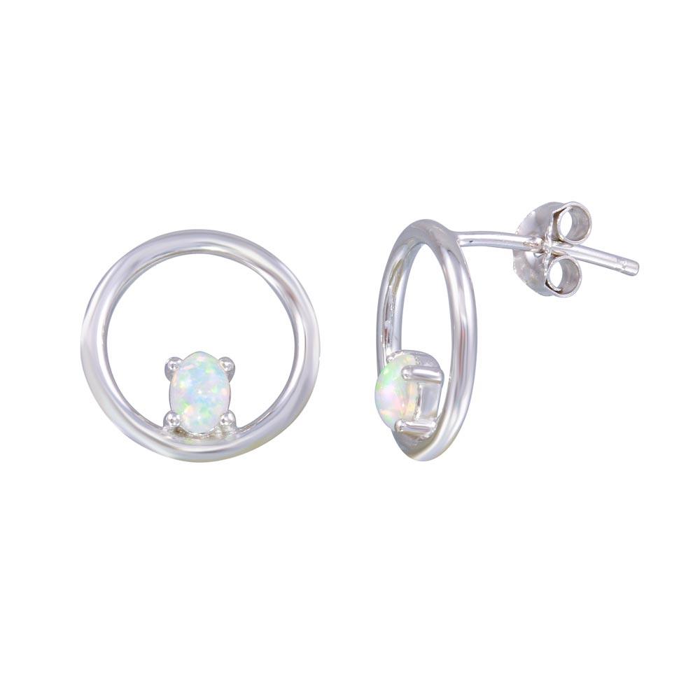 Rhodium Plated 925 Sterling Silver Open Circle Synthetic Opal Earrings - STE01186