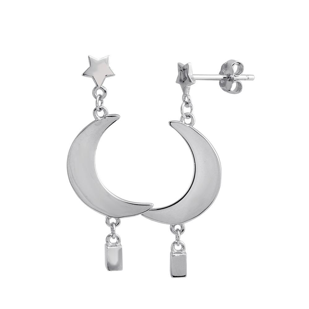 Rhodium Plated 925 Sterling Silver Dangling Crescent Earrings - STE01202