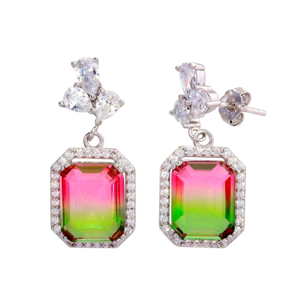Rhodium Plated 925 Sterling Silver Green Pink Gradient CZ Dangling Earrings - STE01206