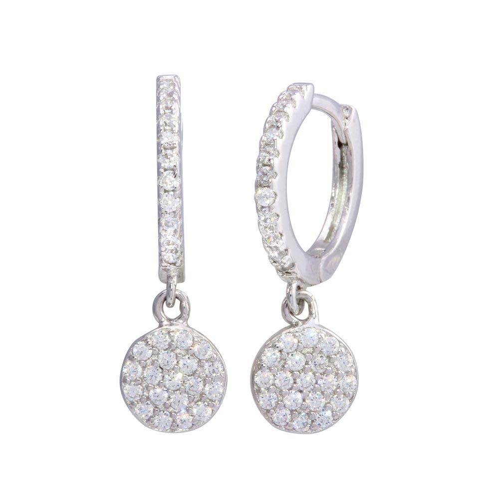 Rhodium Plated 925 Sterling Silver Dangling CZ Disc huggie hoop Earrings - STE01212