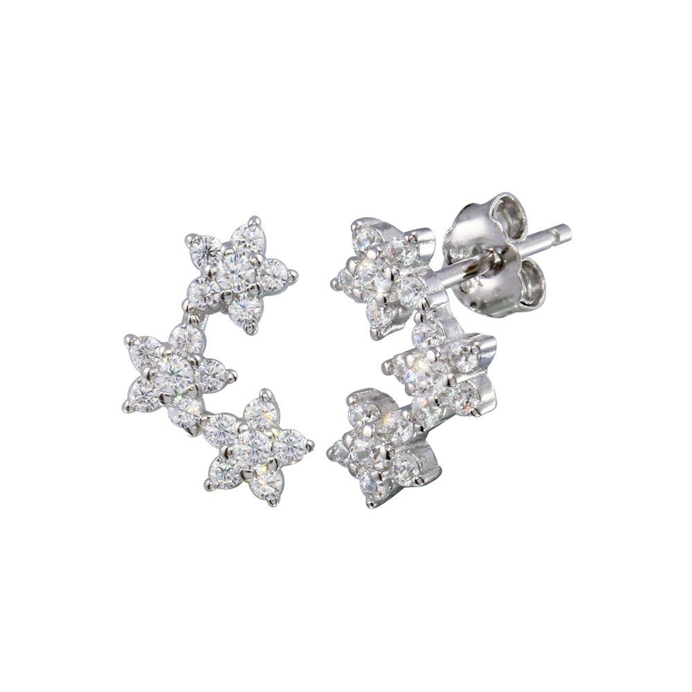 Rhodium Plated 925 Sterling Silver 3 Flower CZ Stud Earring - STE01221