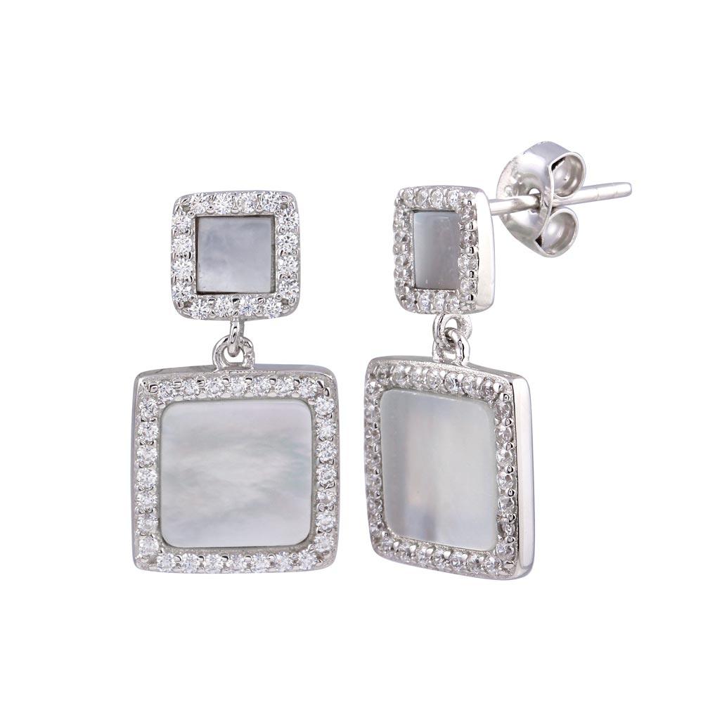 Rhodium Plated 925 Sterling Silver Dangling Square Mother of Pearl CZ Earring - STE01236