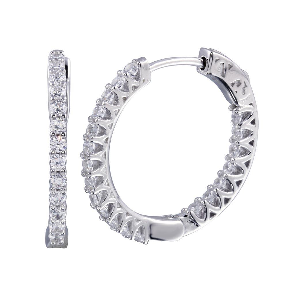 Rhodium Plated 925 Sterling Silver Inside Out CZ Hoop Vault Lock Earring 25mm - STE01242
