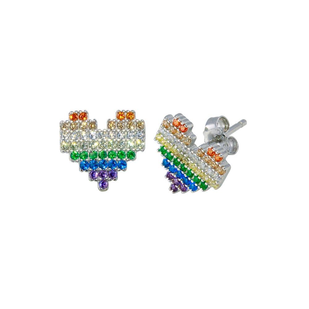 Rhodium Plated 925 Sterling Silver Heart Multi Color CZ Stud Earring - STE01253