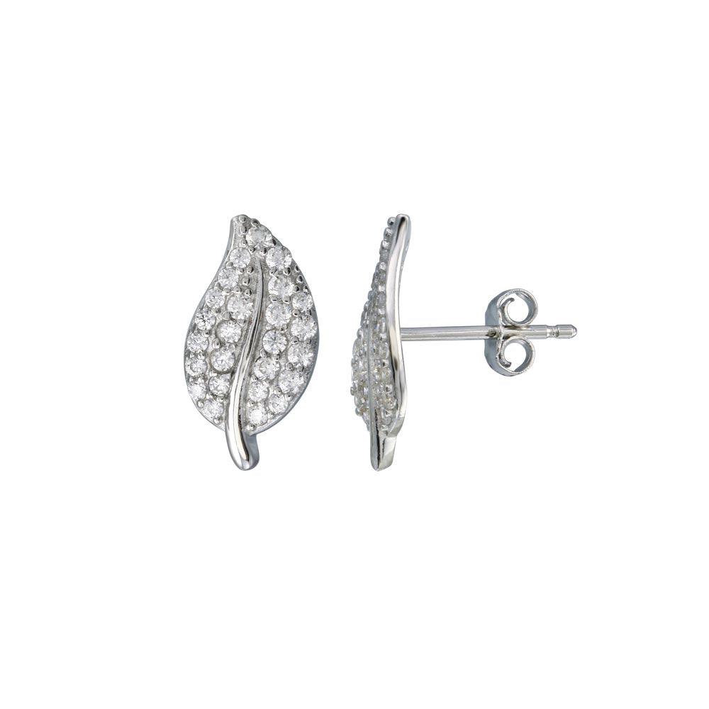 Rhodium Plated 925 Sterling Silver CZ Leaf Stud Earring - STE01261