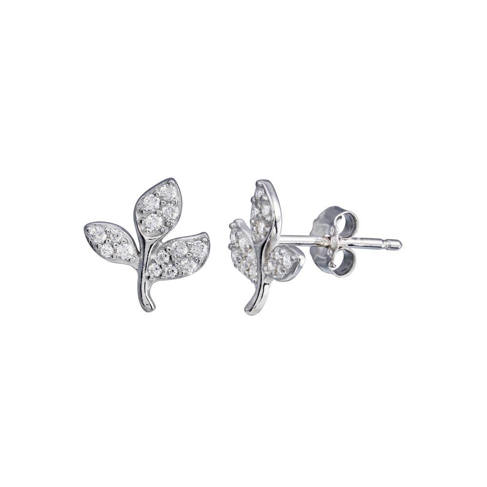 Rhodium Plated 925 Sterling Silver CZ Leaves Stud Earring - STE01262