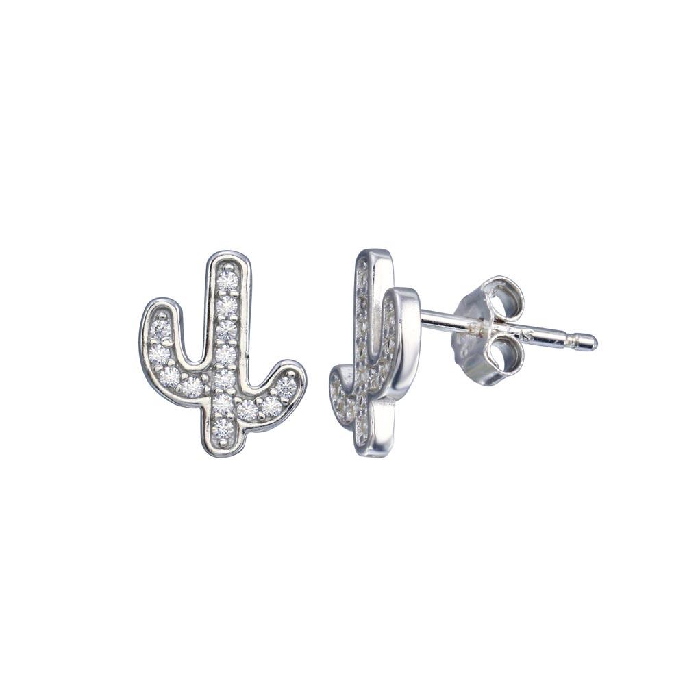 Rhodium Plated 925 Sterling Silver CZ Cactus Stud Earring - STE01263