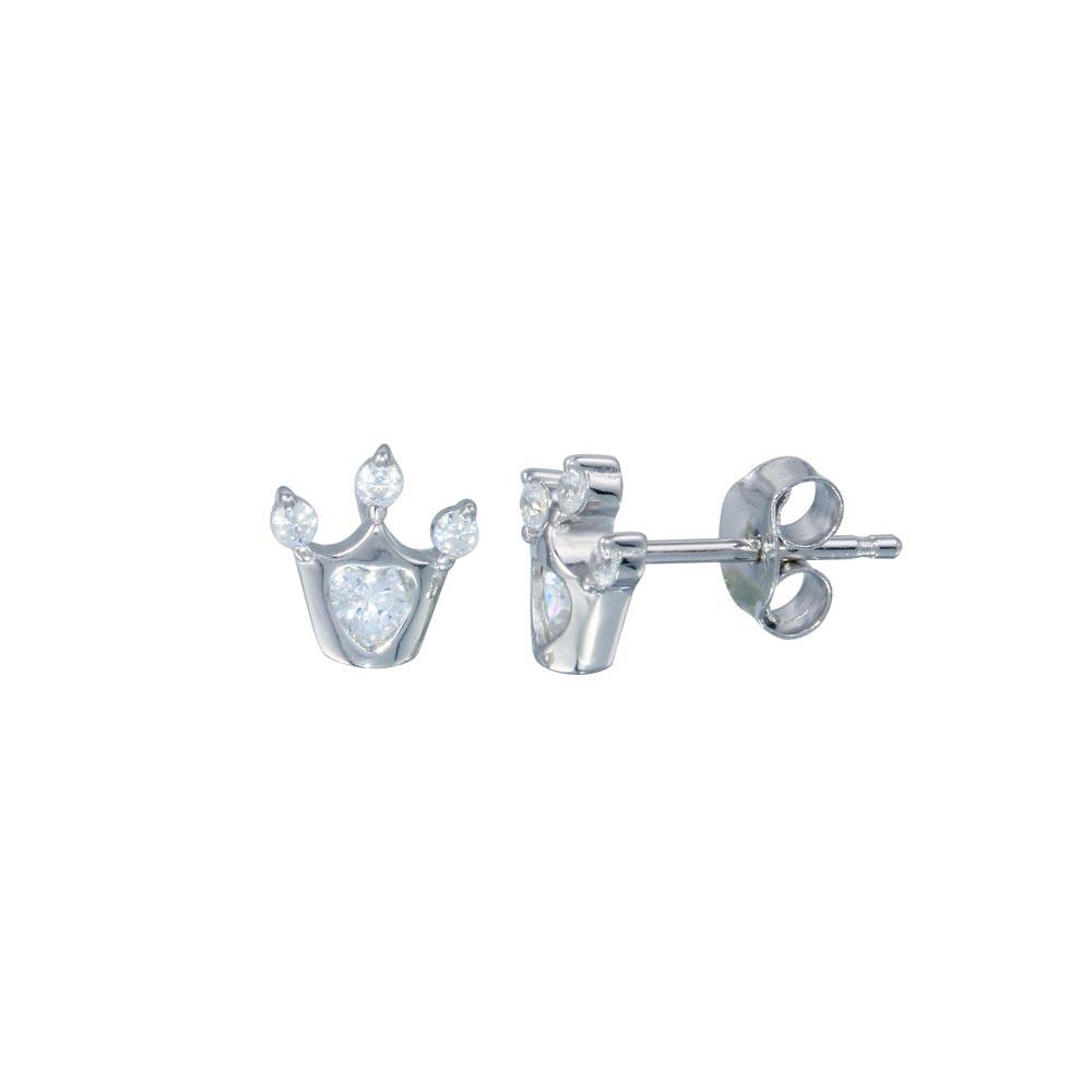 Rhodium Plated 925 Sterling Silver Crown CZ Stud Earring - STE01272