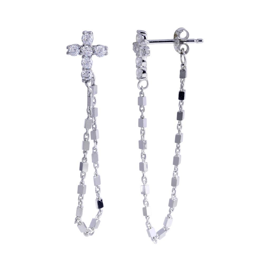 Rhodium Plated 925 Sterling Silver Cross Chain CZ Stud Earring - STE01288