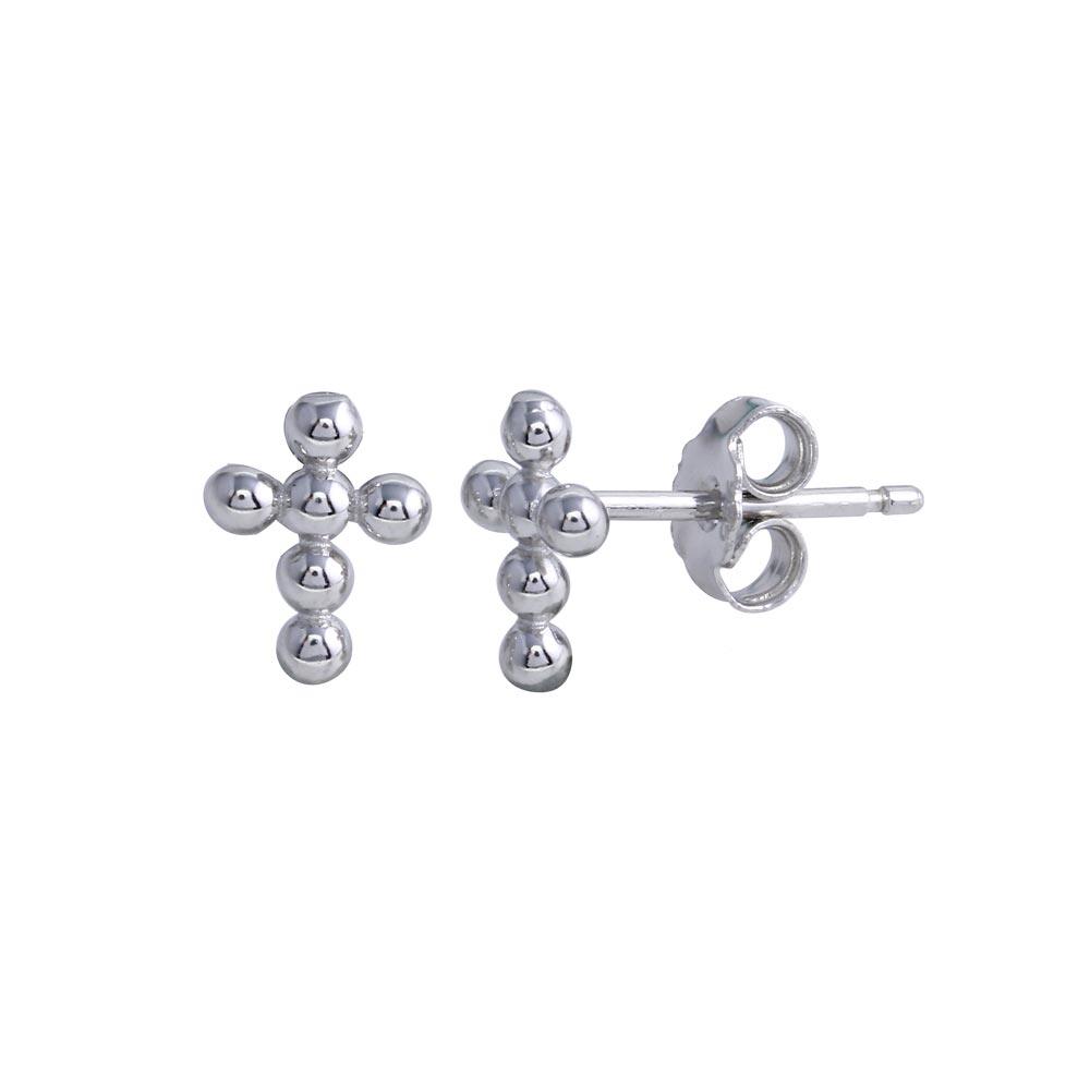 Rhodium Plated 925 Sterling Silver Bead Cross Stud Earring - STE01294