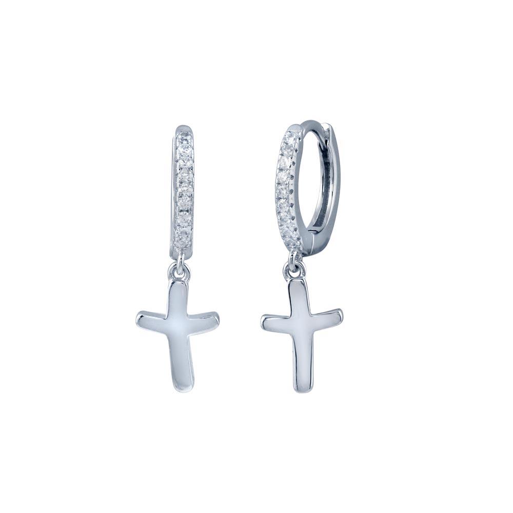Rhodium Plated 925 Sterling Silver huggie hoop Cross CZ Earring - STE01301