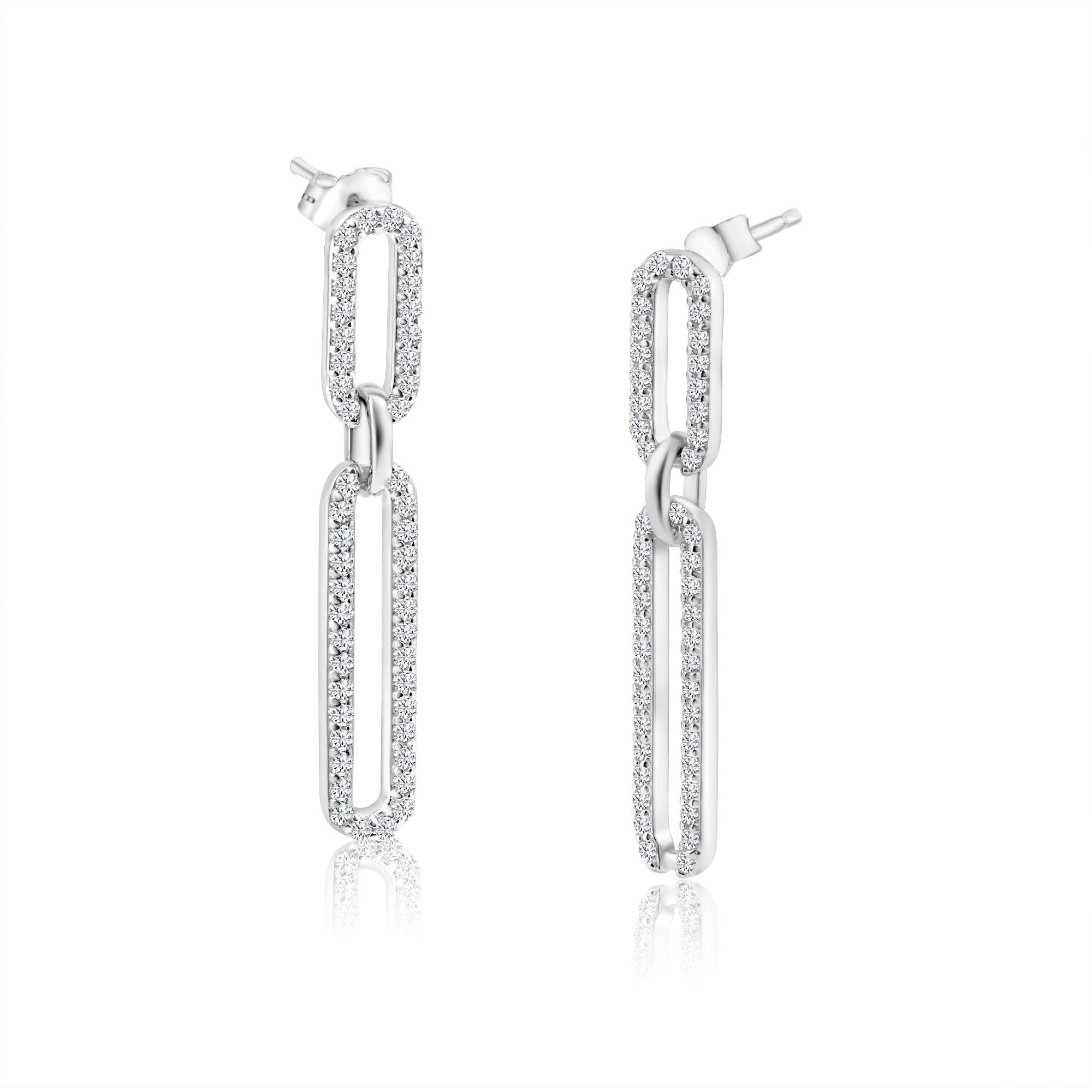 Rhodium Plated 925 Sterling Silver Dangling CZ Paperclip Earring - STE01311