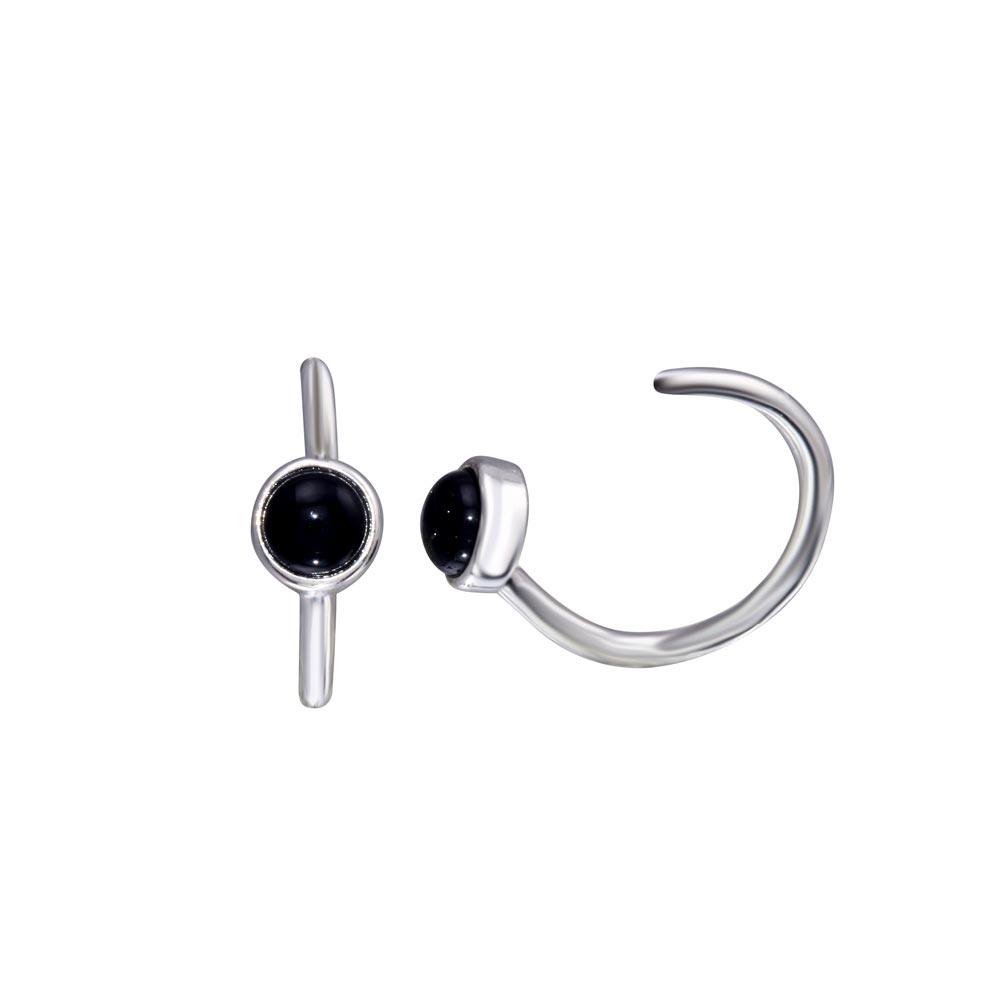 Rhodium Plated 925 Sterling Silver Round Onyx Semi-Hoop Earring - STE01317
