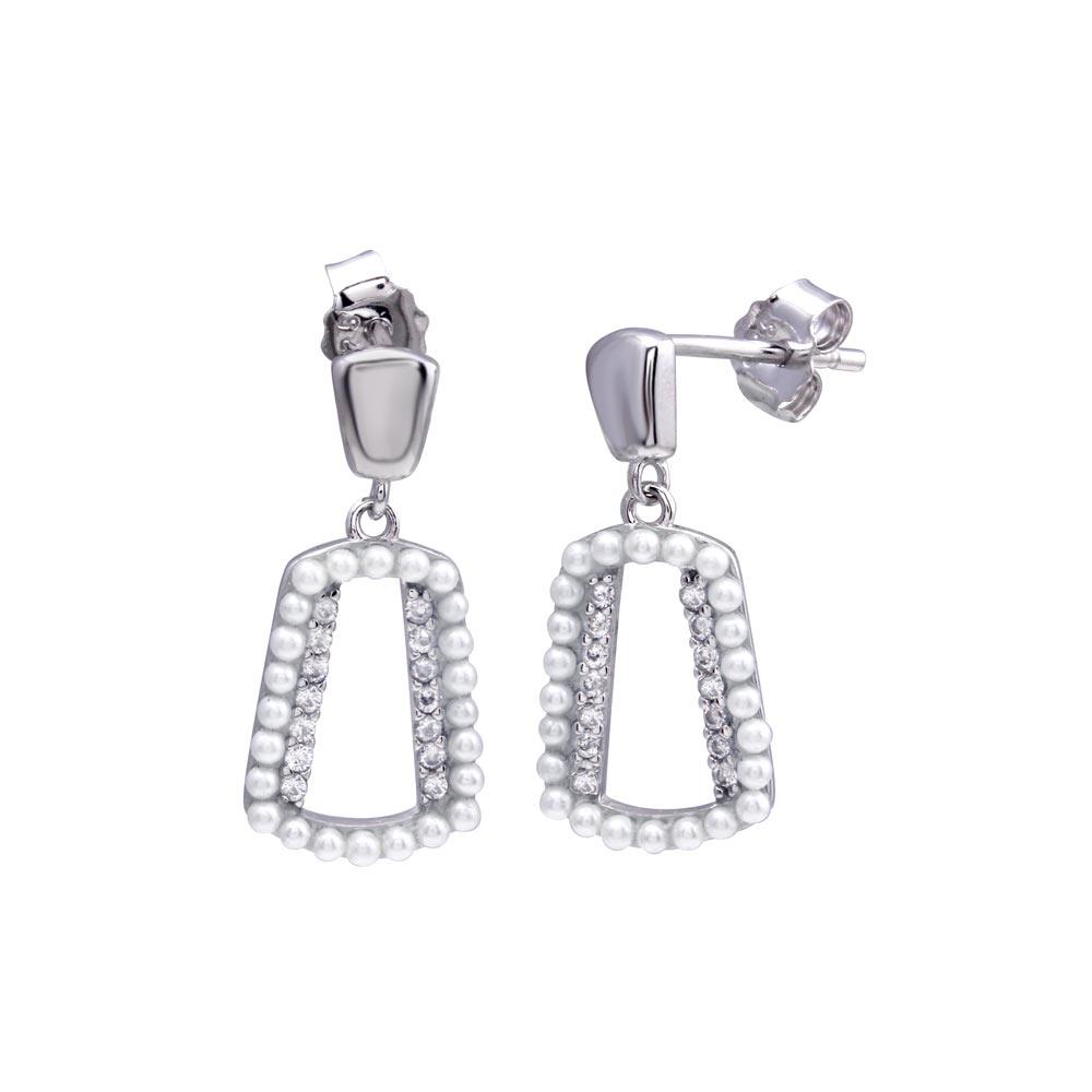 Rhodium Plated 925 Sterling Silver Dangling Open Halo Pearl and CZ Earring - STE01321
