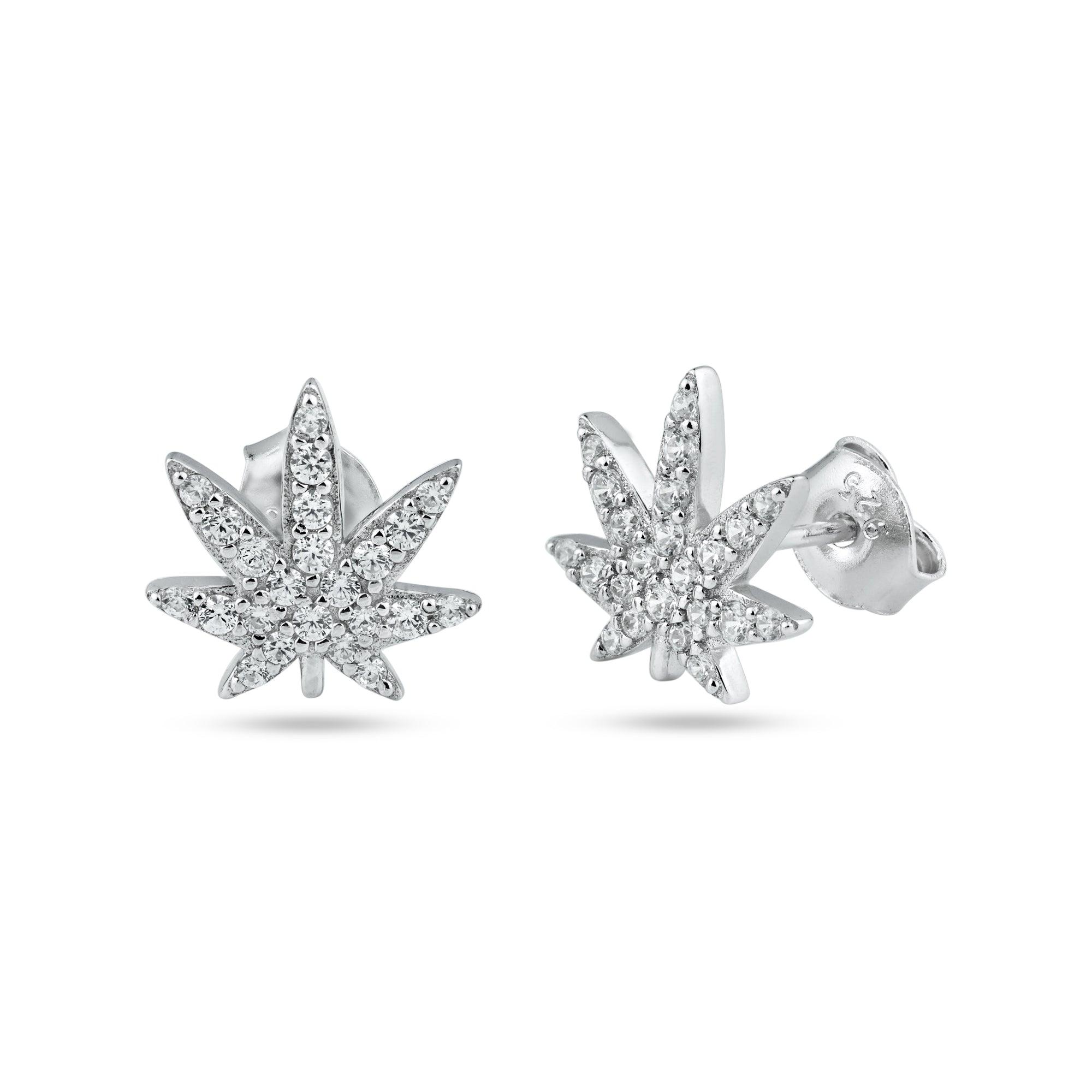 Rhodium Plated 925 Sterling Silver Cannabis CZ Stud Earring - STE01332