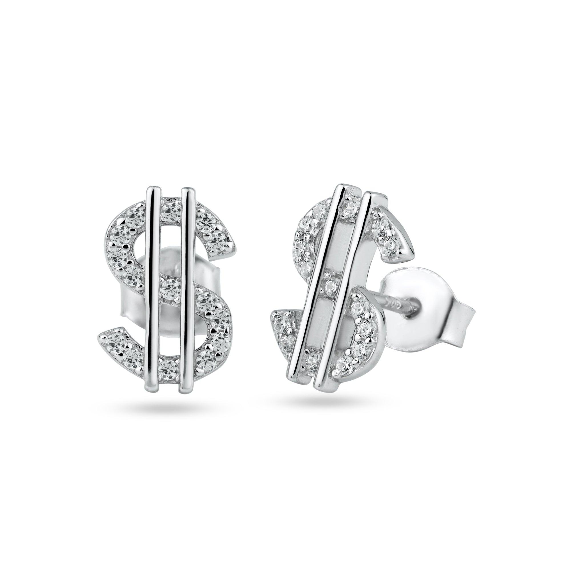 Rhodium Plated 925 Sterling Silver Dollar CZ Stud Earring - STE01333