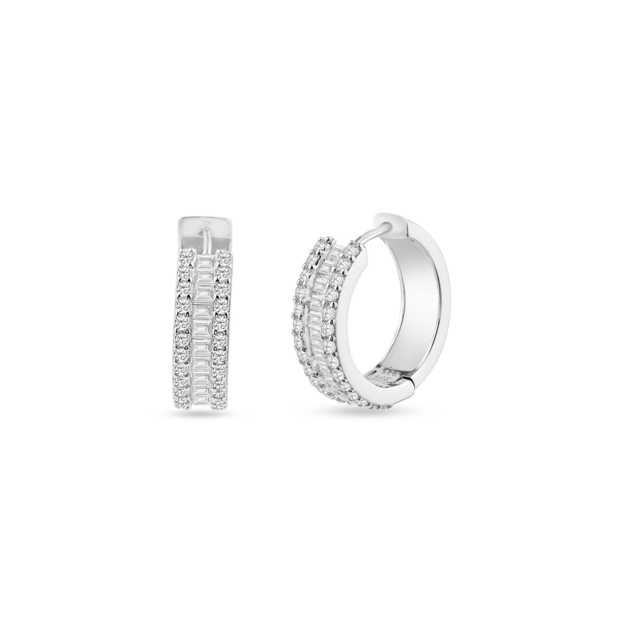 Rhodium Plated 925 Sterling Silver Pave Huggie Hoop Earring 20mm - STE01336