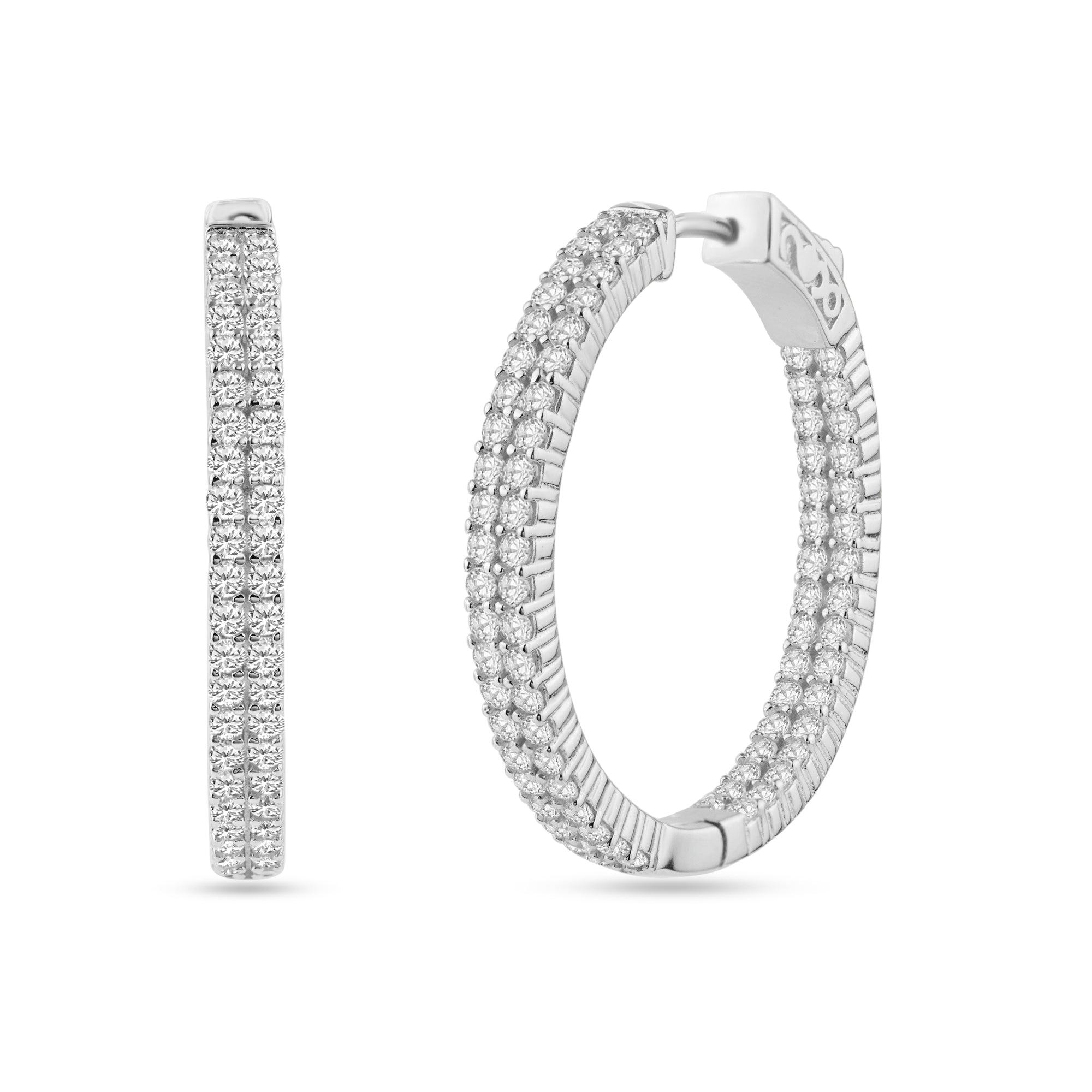 Rhodium Plated 925 Sterling Silver Huggie 2 Row Clear CZ Earring 30mm - STE01344