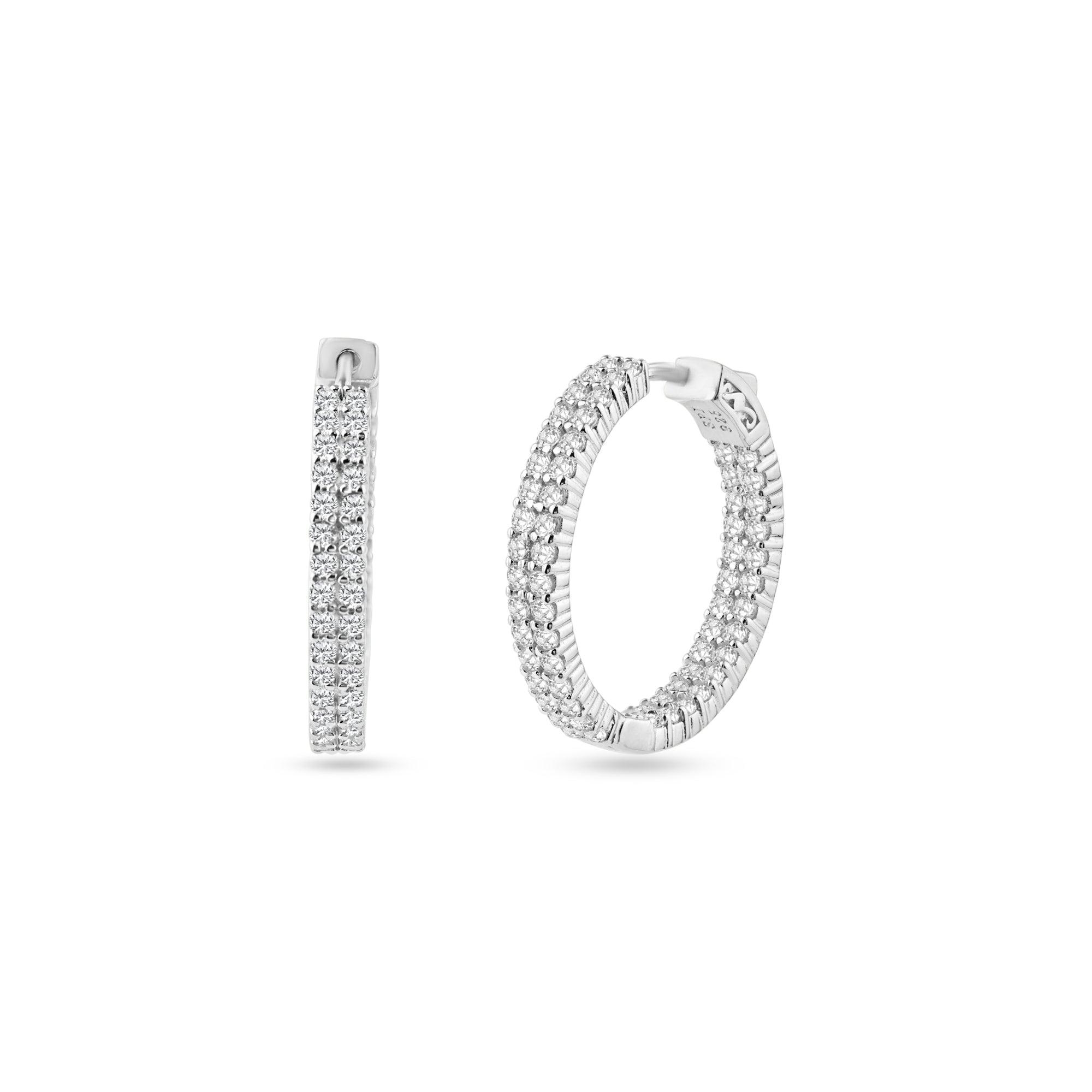 Rhodium Plated 925 Sterling Silver 2 Row Clear CZ Earring 24mm - STE01345