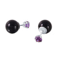 Rhodium Plated 925 Sterling Silver Purple CZ Black Synthetic Pearl Front and Back Earrings - STE01000FEB
