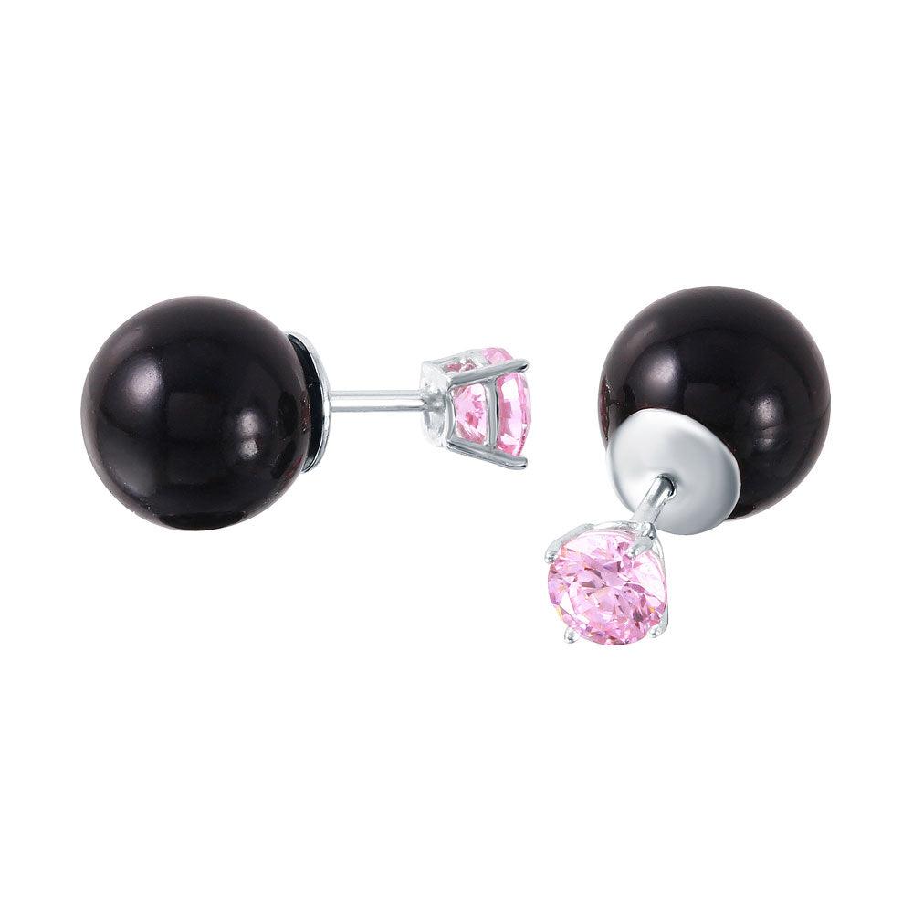 925 Sterling Silver Pink CZ Black Synthetic Pearl Front and Back Earring - STE01000OCT