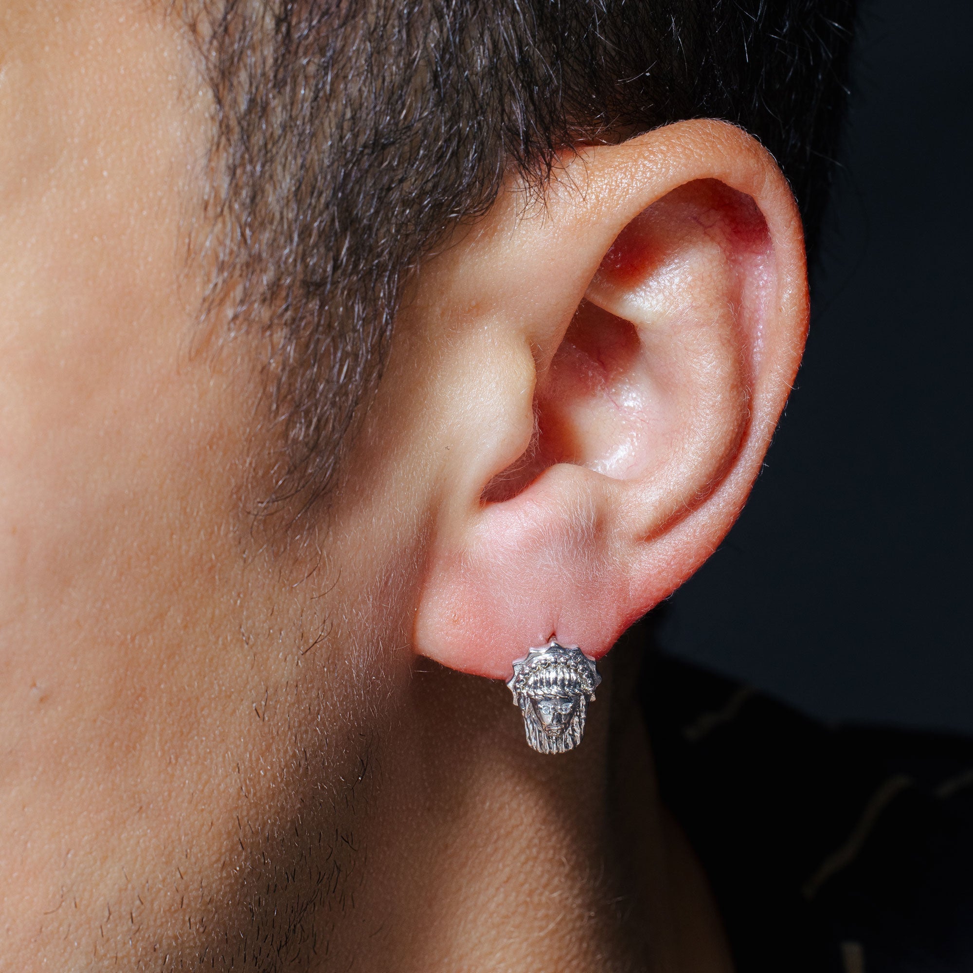 Rhodium Plated 925 Sterling Silver Jesus Face Clear CZ Stud Earring - STEM017