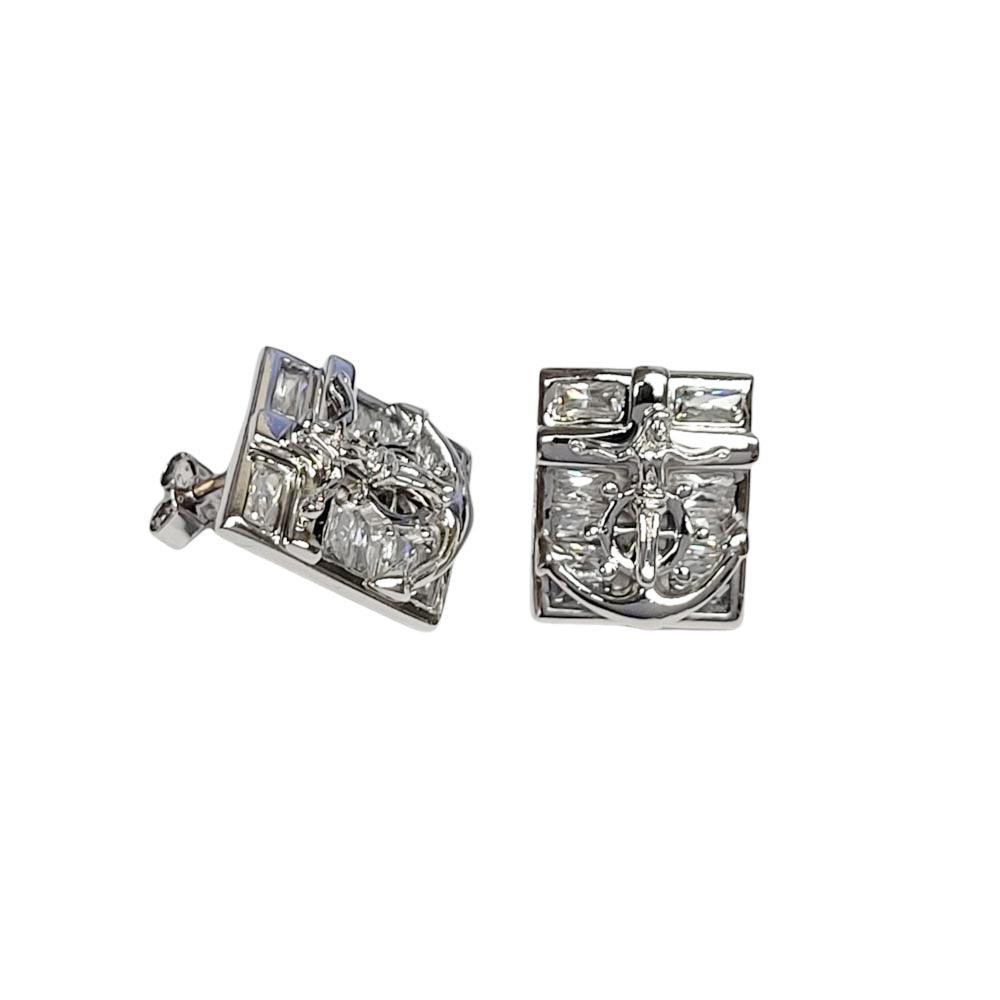 Rhodium Plated 925 Sterling Silver Anchor Helm Cross Clear CZ Stud Earring - STEM036