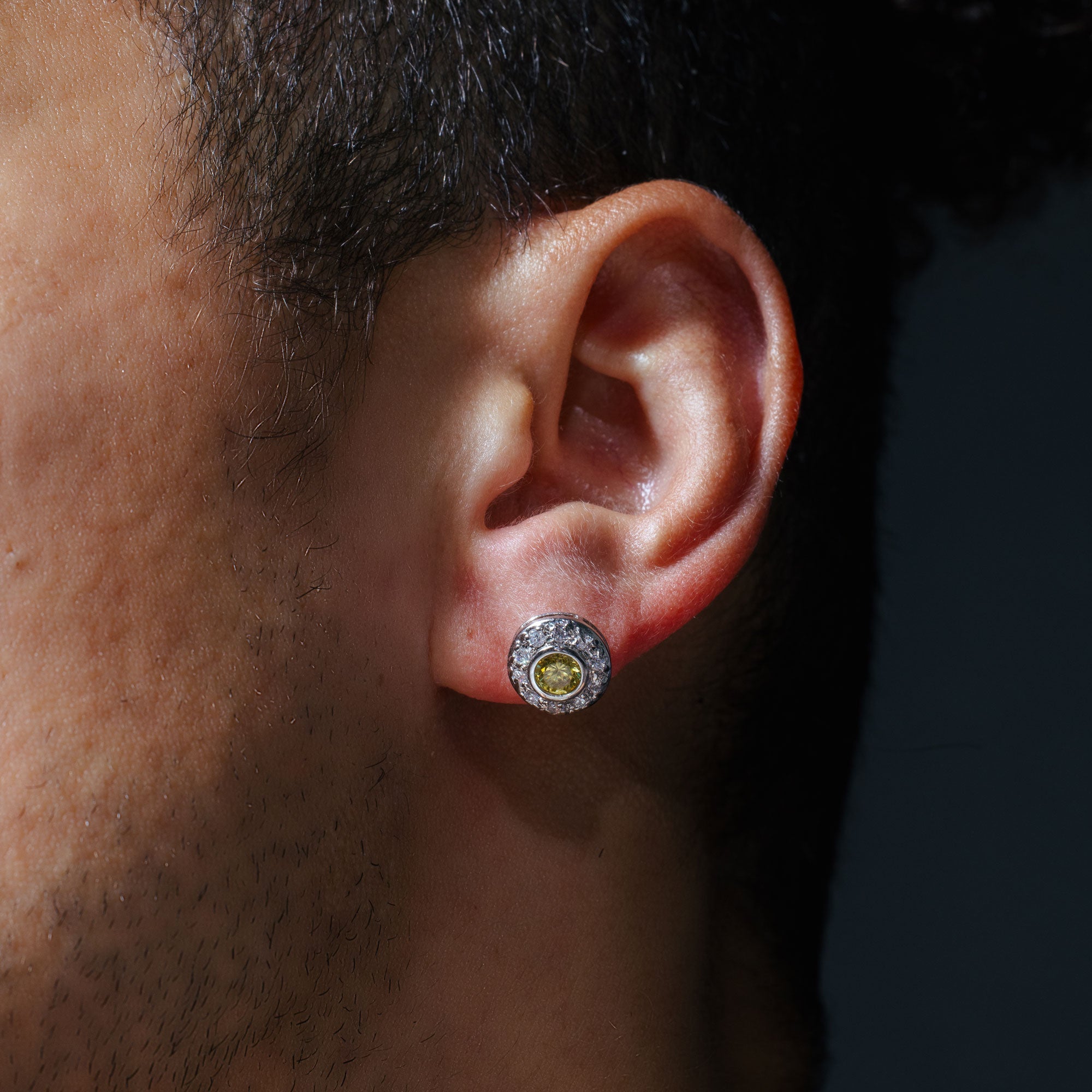 Rhodium Plated 925 Sterling Silver Round Halo Yellow Citrine and Clear CZ Stud Earring - STEM057