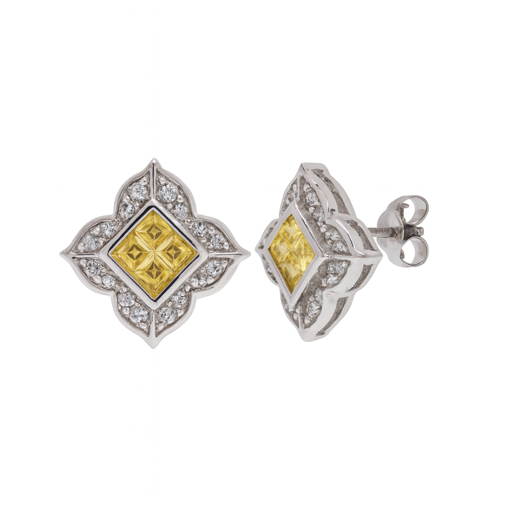 Rhodium Plated 925 Sterling Silver Square DC Yellow and Clear CZ Stud Earring - STEM060