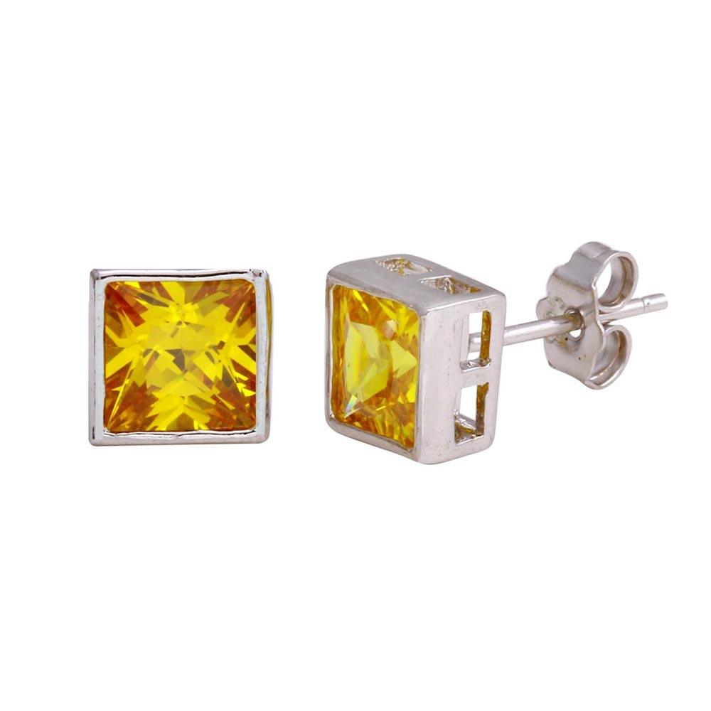 Rhodium Plated 925 Sterling Silver Square Yellow Citrine CZ Stud Earring - STEM151-9MM