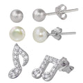 Rhodium Plated 925 Sterling Silver Plain Bead Fresh Water Pearl and CZ Music Note Stud Set - STES00001