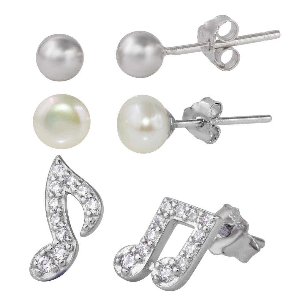 Rhodium Plated 925 Sterling Silver Plain Bead Fresh Water Pearl and CZ Music Note Stud Set - STES00001
