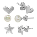 Rhodium Plated 925 Sterling Silver Plain Star Plain Heart and Fresh Water Pearl Stud Set - STES00003