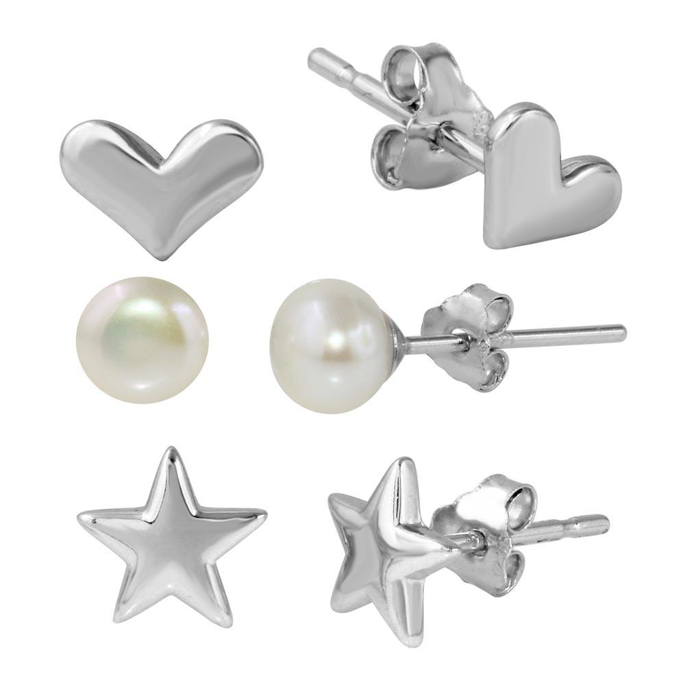 Rhodium Plated 925 Sterling Silver Plain Star Plain Heart and Fresh Water Pearl Stud Set - STES00003