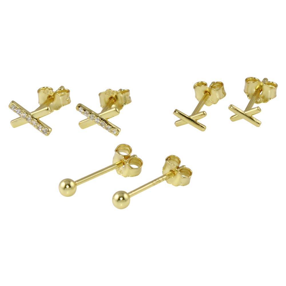 Gold Plated 925 Sterling Silver Plain X and Ball CZ Set - STES00009GP