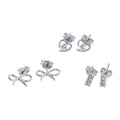 Rhodium Plated 925 Sterling Silver Heart Bow and Bar CZ Earring Set - STES00010